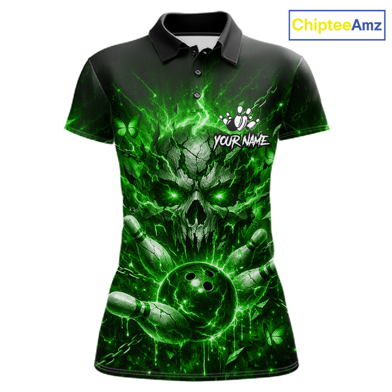 Personalized Green Skull Butterfly Bowling Shirt For Women Custom Bowling Team Jersey Polo & 1/4 Zip TDM7413