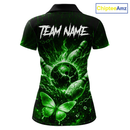 Personalized Green Skull Butterfly Bowling Shirt For Women Custom Bowling Team Jersey Polo & 1/4 Zip TDM7413