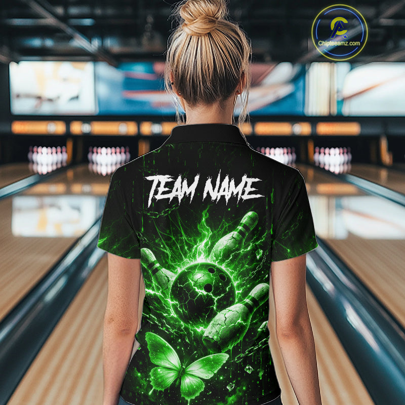 Personalized Green Skull Butterfly Bowling Shirt For Women Custom Bowling Team Jersey Polo & 1/4 Zip TDM7413