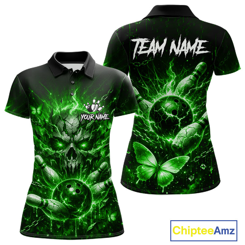 Personalized Green Skull Butterfly Bowling Shirt For Women Custom Bowling Team Jersey Polo & 1/4 Zip TDM7413