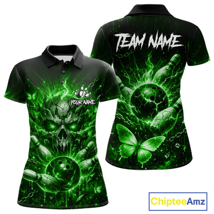 Personalized Green Skull Butterfly Bowling Shirt For Women Custom Bowling Team Jersey Polo & 1/4 Zip TDM7413