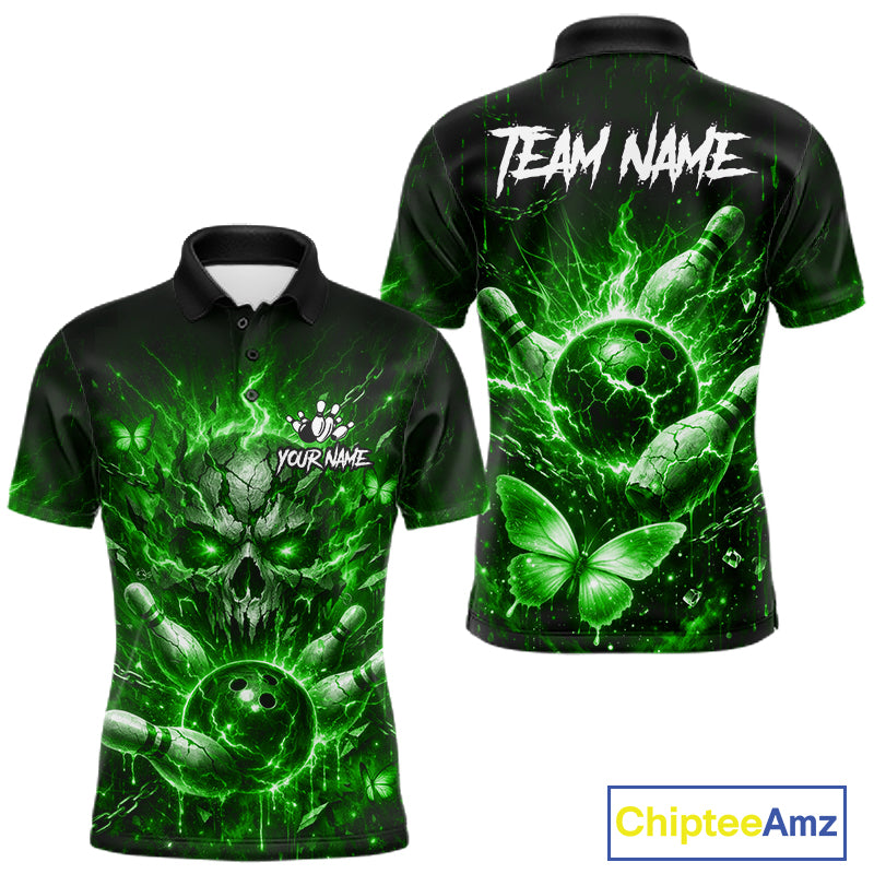 Personalized Green Skull Butterfly Bowling Shirt For Men Custom Bowling Team Jersey Polo & 1/4 Zip TDM7413