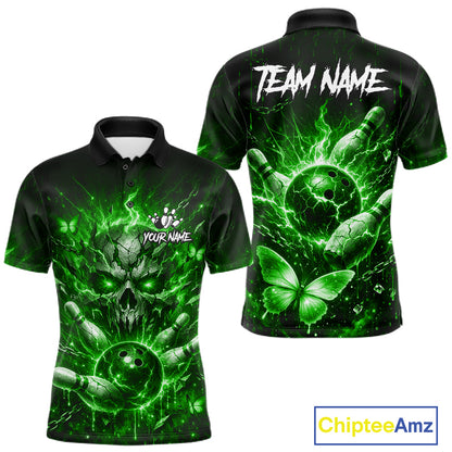 Personalized Green Skull Butterfly Bowling Shirt For Men Custom Bowling Team Jersey Polo & 1/4 Zip TDM7413