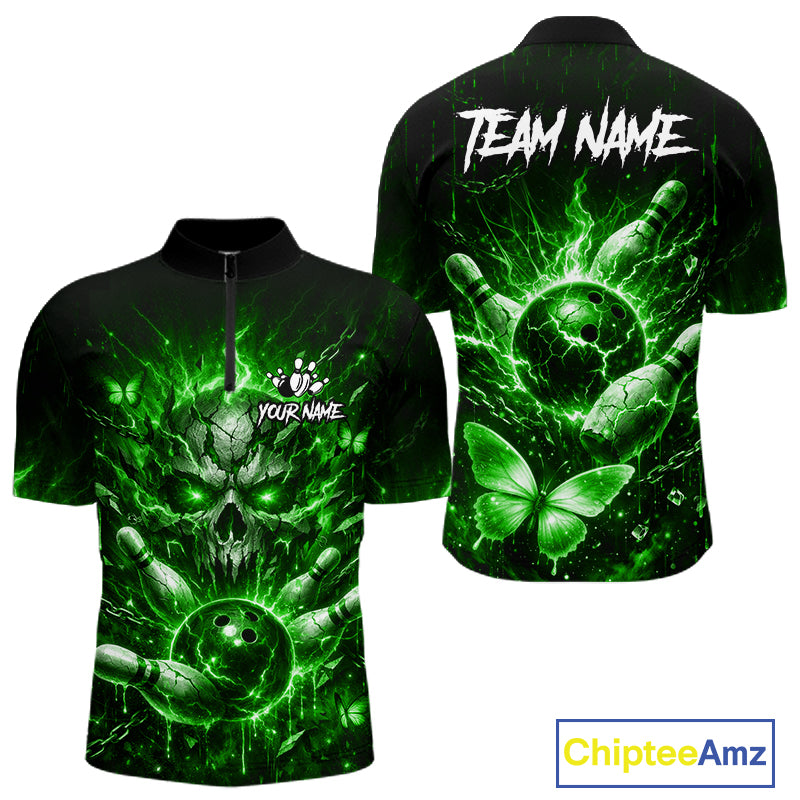 Personalized Green Skull Butterfly Bowling Shirt For Men Custom Bowling Team Jersey Polo & 1/4 Zip TDM7413