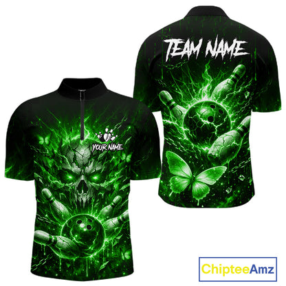 Personalized Green Skull Butterfly Bowling Shirt For Men Custom Bowling Team Jersey Polo & 1/4 Zip TDM7413