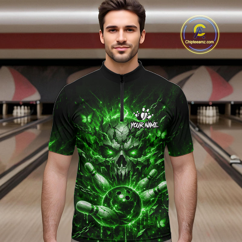 Personalized Green Skull Butterfly Bowling Shirt For Men Custom Bowling Team Jersey Polo & 1/4 Zip TDM7413