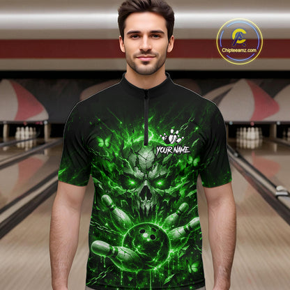 Personalized Green Skull Butterfly Bowling Shirt For Men Custom Bowling Team Jersey Polo & 1/4 Zip TDM7413