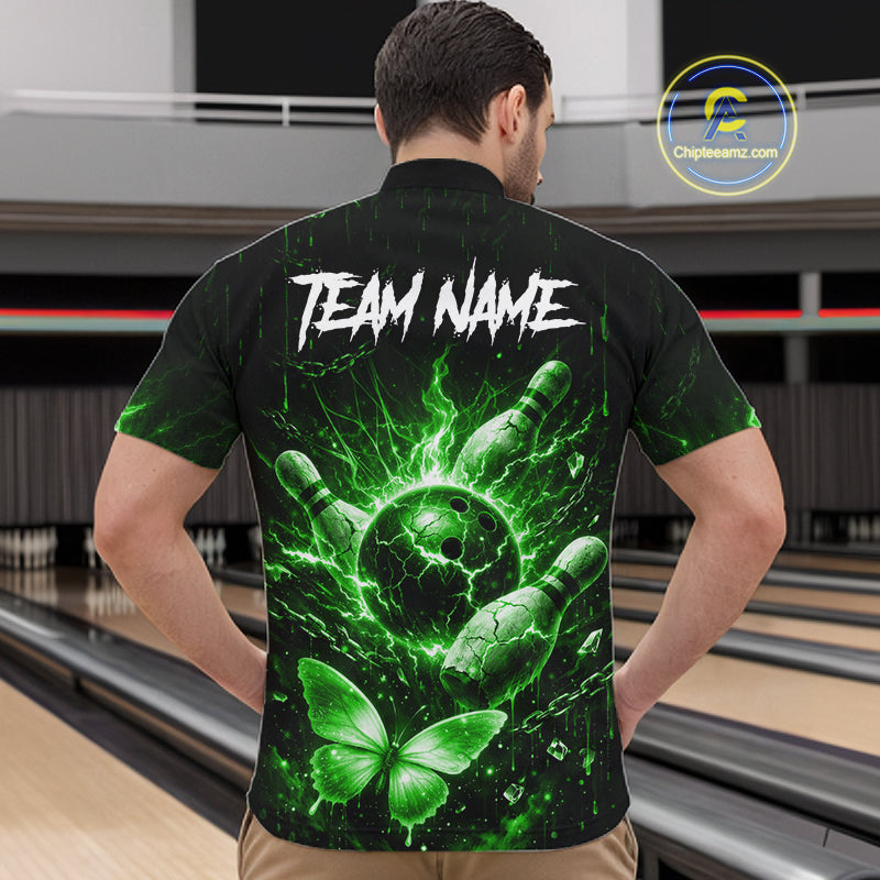 Personalized Green Skull Butterfly Bowling Shirt For Men Custom Bowling Team Jersey Polo & 1/4 Zip TDM7413