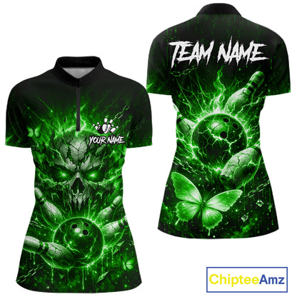 Personalized Green Skull Butterfly Bowling Shirt For Women Custom Bowling Team Jersey Polo & 1/4 Zip TDM7413