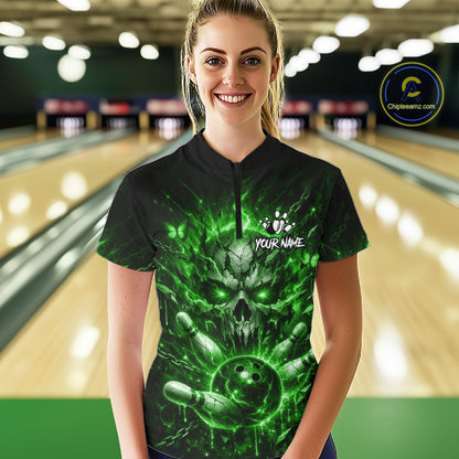 Personalized Green Skull Butterfly Bowling Shirt For Women Custom Bowling Team Jersey Polo & 1/4 Zip TDM7413