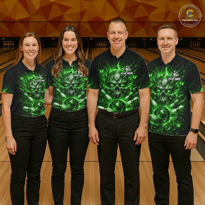 Personalized Green Skull Butterfly Bowling Shirt For Men Custom Bowling Team Jersey Polo & 1/4 Zip TDM7413