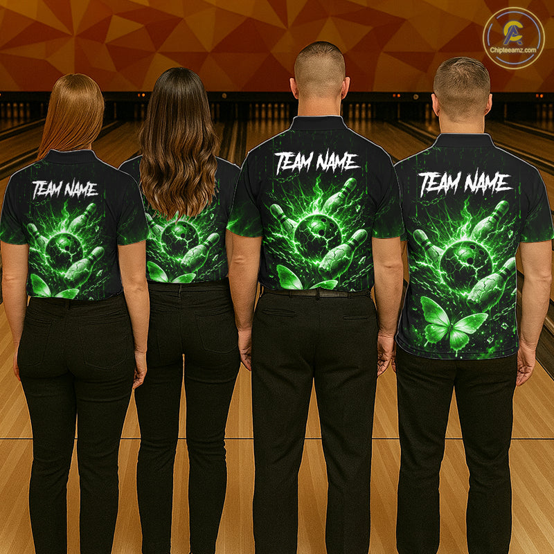 Personalized Green Skull Butterfly Bowling Shirt For Men Custom Bowling Team Jersey Polo & 1/4 Zip TDM7413
