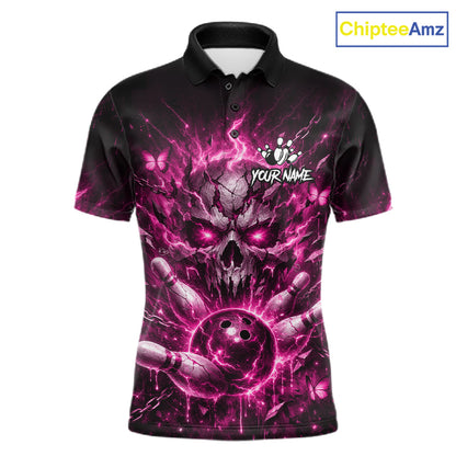 Personalized Pink Butterfly Skull Bowling Shirt For Men Custom Bowling Team Jersey Polo & 1/4 Zip TDM7414