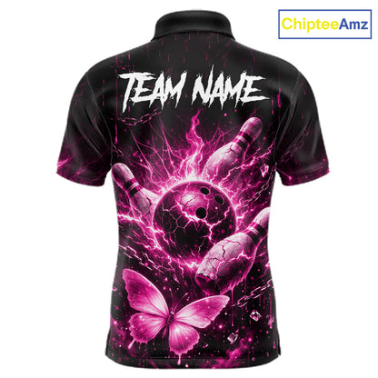Personalized Pink Butterfly Skull Bowling Shirt For Men Custom Bowling Team Jersey Polo & 1/4 Zip TDM7414