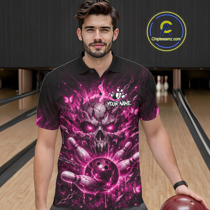 Personalized Pink Butterfly Skull Bowling Shirt For Men Custom Bowling Team Jersey Polo & 1/4 Zip TDM7414