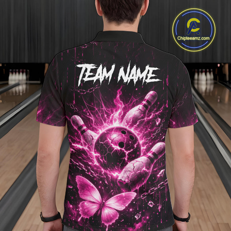Personalized Pink Butterfly Skull Bowling Shirt For Men Custom Bowling Team Jersey Polo & 1/4 Zip TDM7414
