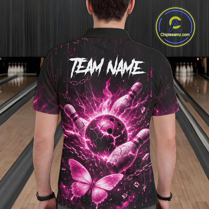 Personalized Pink Butterfly Skull Bowling Shirt For Men Custom Bowling Team Jersey Polo & 1/4 Zip TDM7414