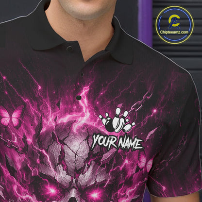 Personalized Pink Butterfly Skull Bowling Shirt For Men Custom Bowling Team Jersey Polo & 1/4 Zip TDM7414