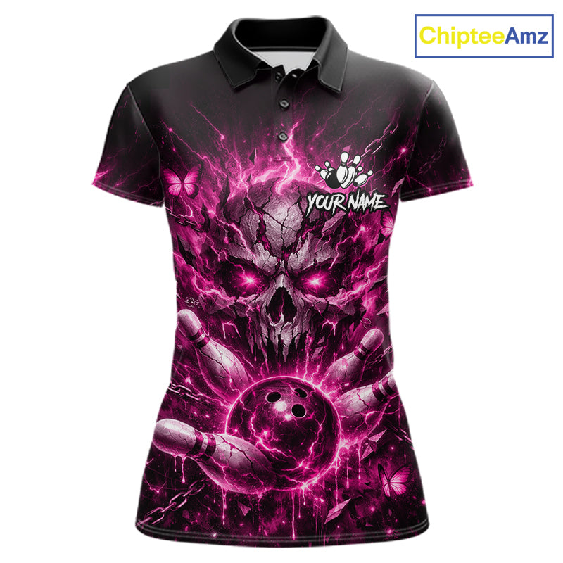 Personalized Pink Butterfly Skull Bowling Shirt For Women Custom Bowling Team Jersey Polo & 1/4 Zip TDM7414