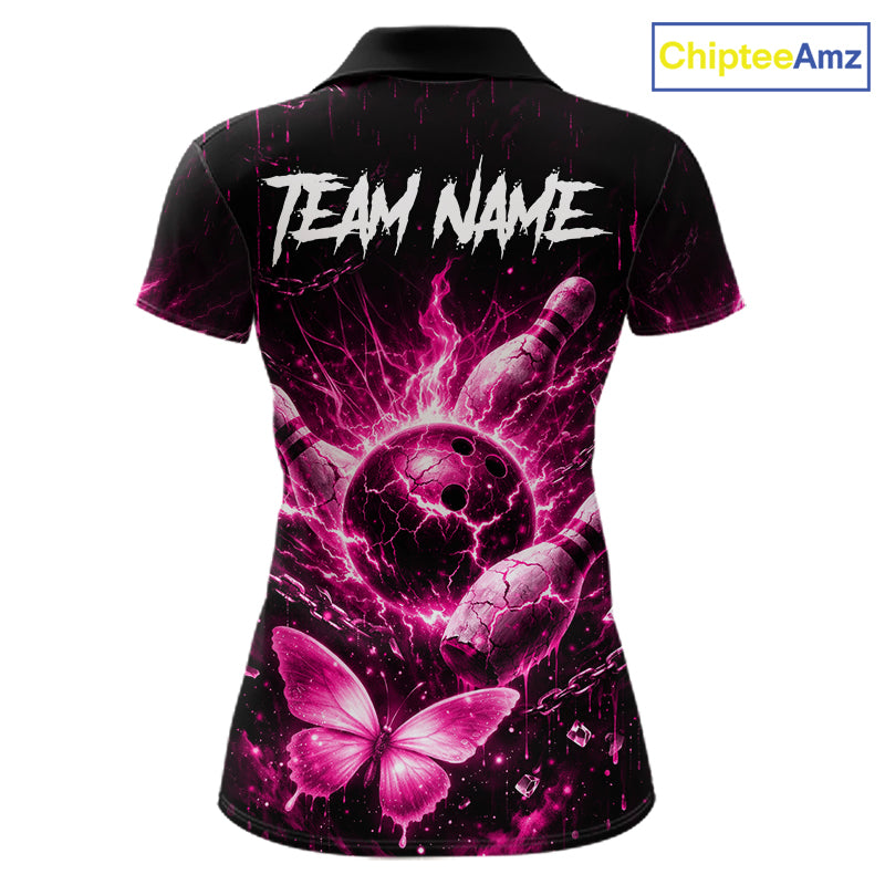 Personalized Pink Butterfly Skull Bowling Shirt For Women Custom Bowling Team Jersey Polo & 1/4 Zip TDM7414