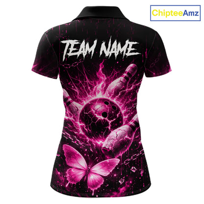 Personalized Pink Butterfly Skull Bowling Shirt For Women Custom Bowling Team Jersey Polo & 1/4 Zip TDM7414