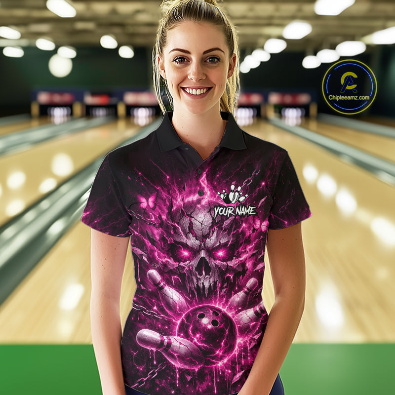 Personalized Pink Butterfly Skull Bowling Shirt For Women Custom Bowling Team Jersey Polo & 1/4 Zip TDM7414