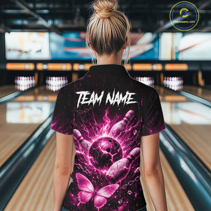 Personalized Pink Butterfly Skull Bowling Shirt For Women Custom Bowling Team Jersey Polo & 1/4 Zip TDM7414