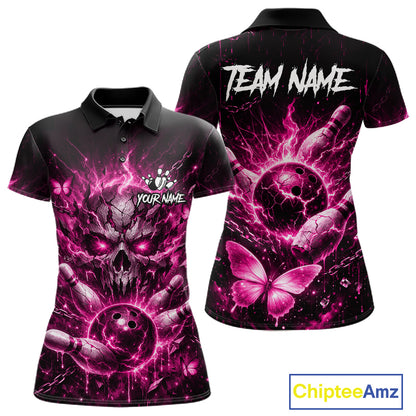 Personalized Pink Butterfly Skull Bowling Shirt For Women Custom Bowling Team Jersey Polo & 1/4 Zip TDM7414