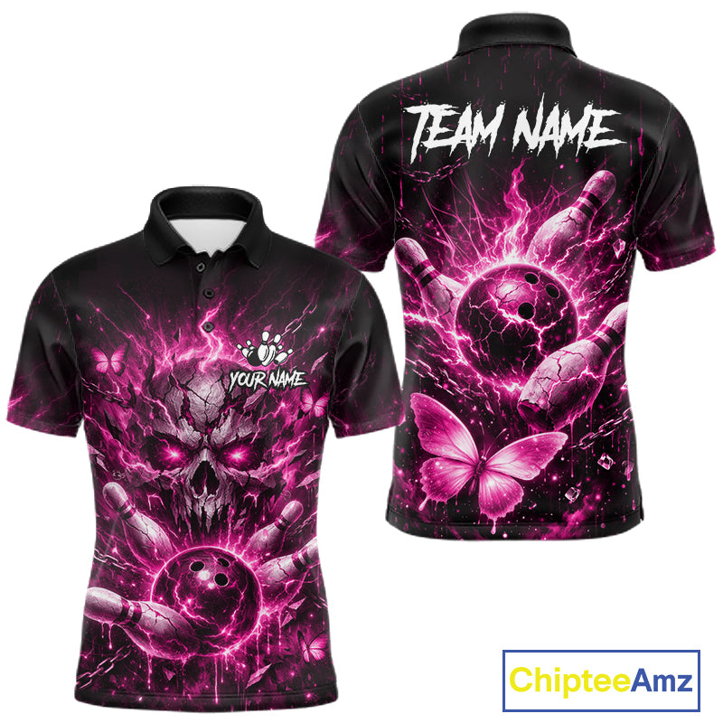 Personalized Pink Butterfly Skull Bowling Shirt For Men Custom Bowling Team Jersey Polo & 1/4 Zip TDM7414