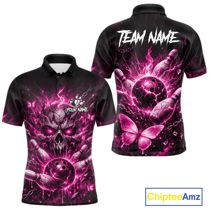 Personalized Pink Butterfly Skull Bowling Shirt For Men Custom Bowling Team Jersey Polo & 1/4 Zip TDM7414