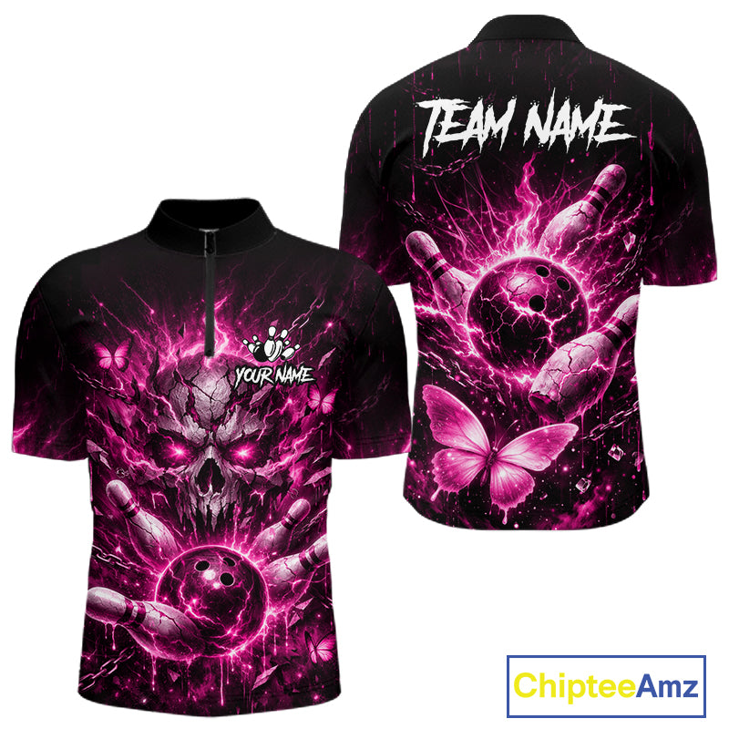 Personalized Pink Butterfly Skull Bowling Shirt For Men Custom Bowling Team Jersey Polo & 1/4 Zip TDM7414