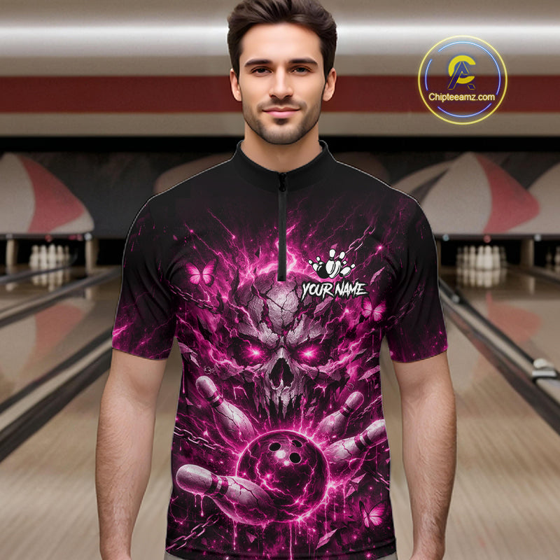Personalized Pink Butterfly Skull Bowling Shirt For Men Custom Bowling Team Jersey Polo & 1/4 Zip TDM7414