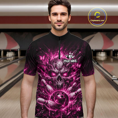 Personalized Pink Butterfly Skull Bowling Shirt For Men Custom Bowling Team Jersey Polo & 1/4 Zip TDM7414