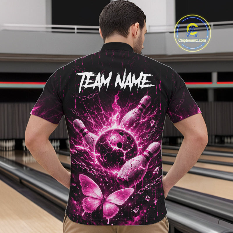 Personalized Pink Butterfly Skull Bowling Shirt For Men Custom Bowling Team Jersey Polo & 1/4 Zip TDM7414