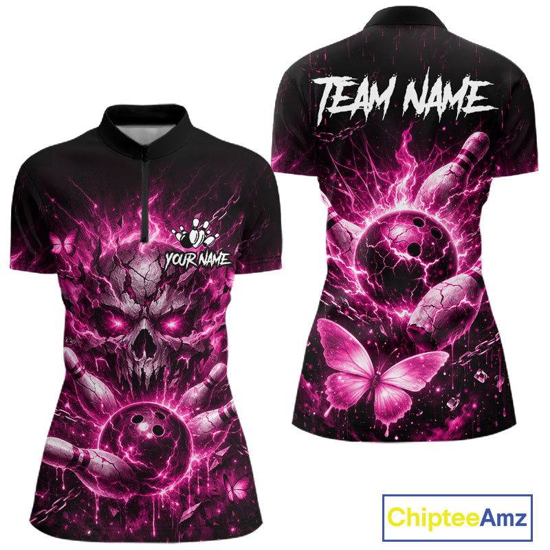 Personalized Pink Butterfly Skull Bowling Shirt For Women Custom Bowling Team Jersey Polo & 1/4 Zip TDM7414