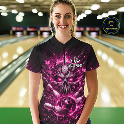 Personalized Pink Butterfly Skull Bowling Shirt For Women Custom Bowling Team Jersey Polo & 1/4 Zip TDM7414