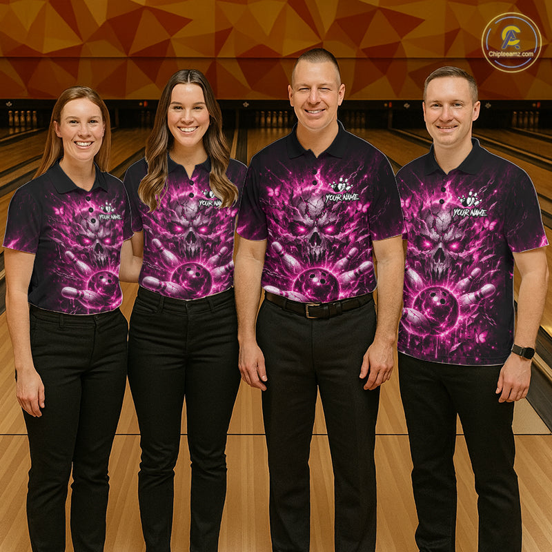 Personalized Pink Butterfly Skull Bowling Shirt For Men Custom Bowling Team Jersey Polo & 1/4 Zip TDM7414