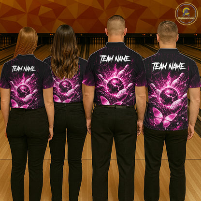 Personalized Pink Butterfly Skull Bowling Shirt For Men Custom Bowling Team Jersey Polo & 1/4 Zip TDM7414