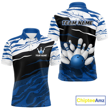 Blue, White And Black Camo Custom Bowling Shirts For Men, Bowling Team Jersey Gift For Bowler TDM8074