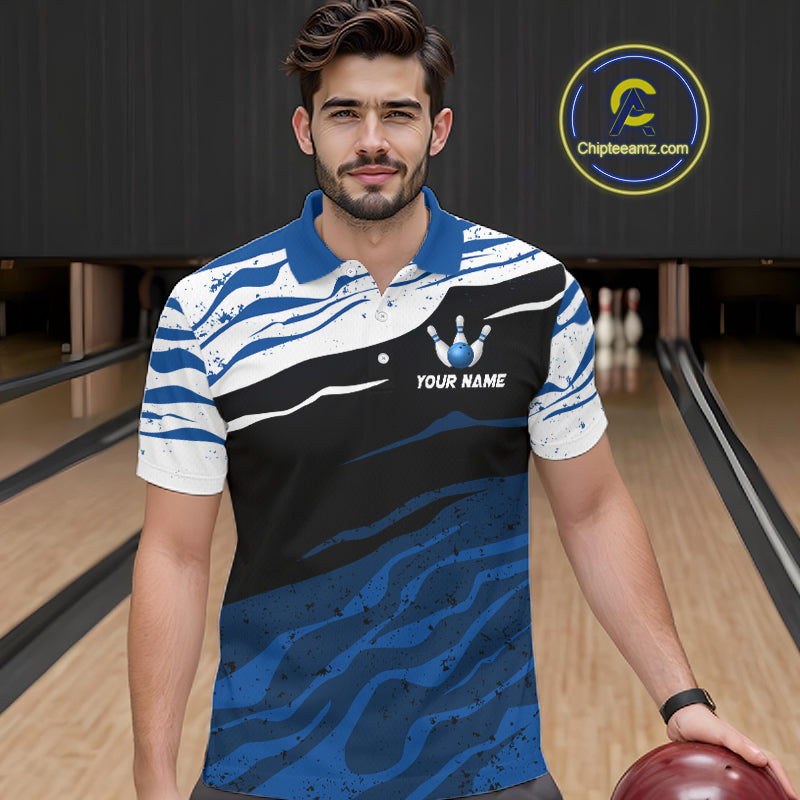 Blue, White And Black Camo Custom Bowling Shirts For Men, Bowling Team Jersey Gift For Bowler TDM8074