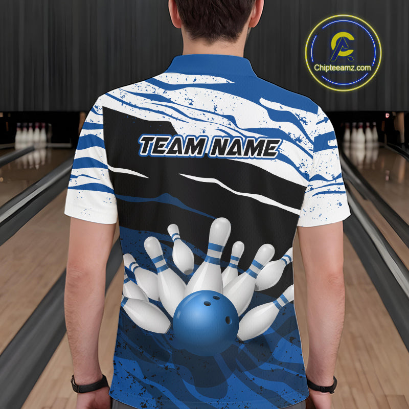 Blue, White And Black Camo Custom Bowling Shirts For Men, Bowling Team Jersey Gift For Bowler TDM8074