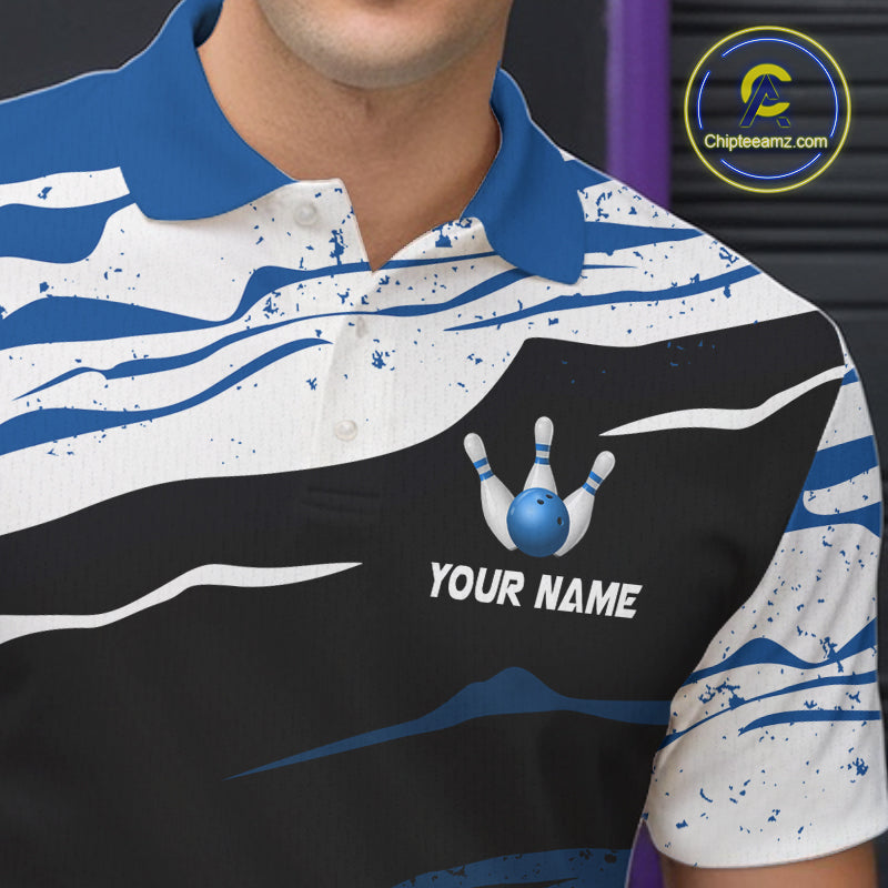 Blue, White And Black Camo Custom Bowling Shirts For Men, Bowling Team Jersey Gift For Bowler TDM8074