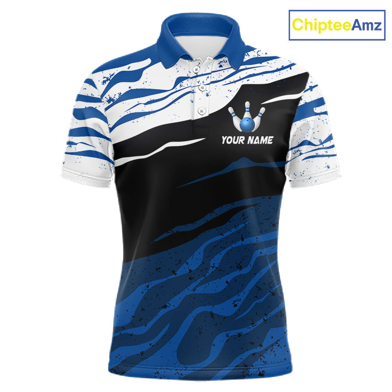 Blue, White And Black Camo Custom Bowling Shirts For Men, Bowling Team Jersey Gift For Bowler TDM8074
