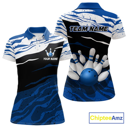 Blue, White And Black Camo Custom Bowling Shirts For Women, Bowling Team Jersey Gift For Bowler TDM8074