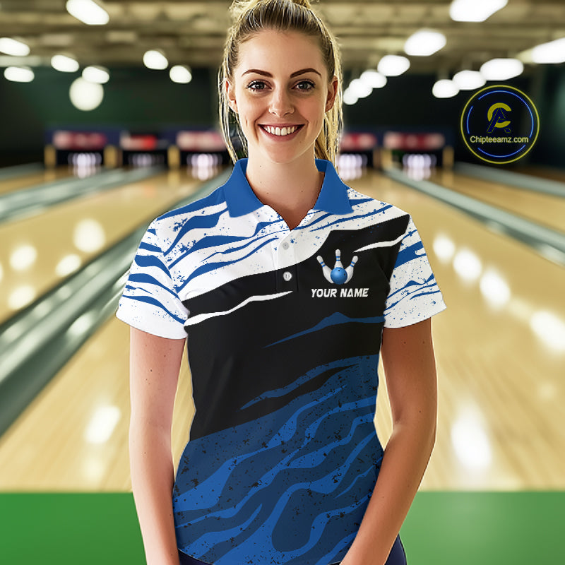 Blue, White And Black Camo Custom Bowling Shirts For Women, Bowling Team Jersey Gift For Bowler TDM8074