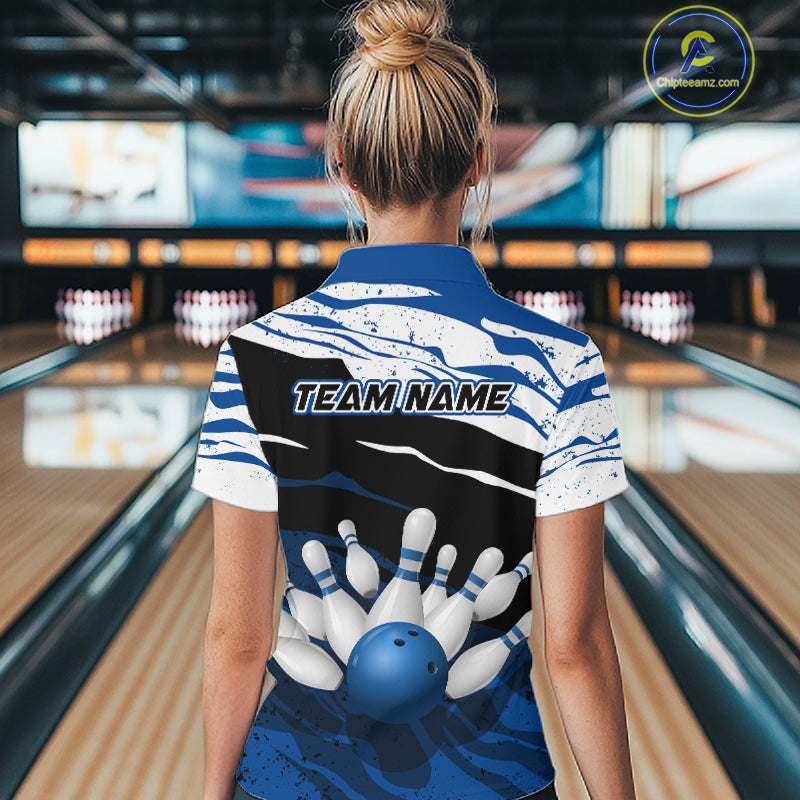 Blue, White And Black Camo Custom Bowling Shirts For Women, Bowling Team Jersey Gift For Bowler TDM8074