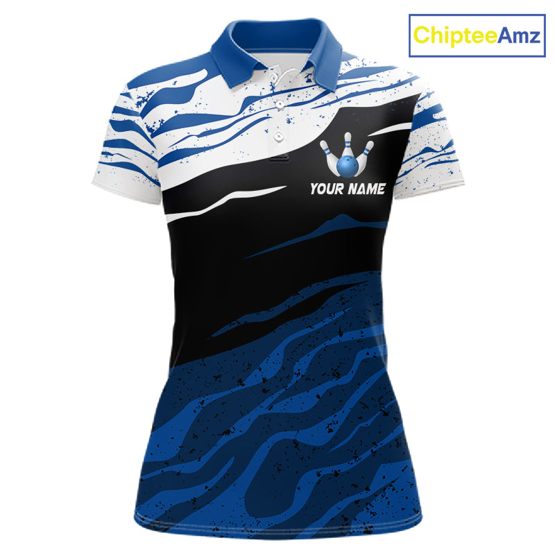 Blue, White And Black Camo Custom Bowling Shirts For Women, Bowling Team Jersey Gift For Bowler TDM8074