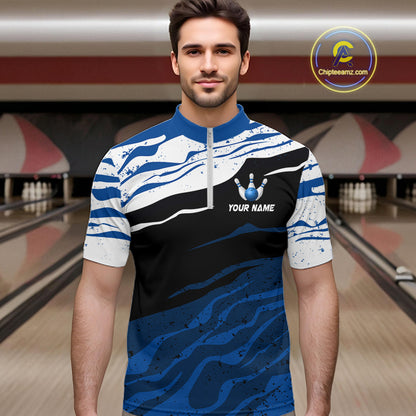 Blue, White And Black Camo Custom Bowling Shirts For Men, Bowling Team Jersey Gift For Bowler TDM8074