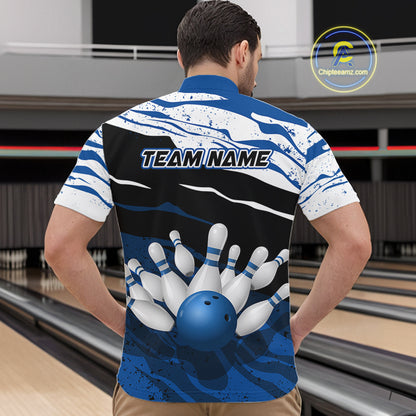Blue, White And Black Camo Custom Bowling Shirts For Men, Bowling Team Jersey Gift For Bowler TDM8074