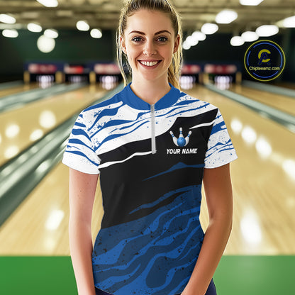 Blue, White And Black Camo Custom Bowling Shirts For Women, Bowling Team Jersey Gift For Bowler TDM8074